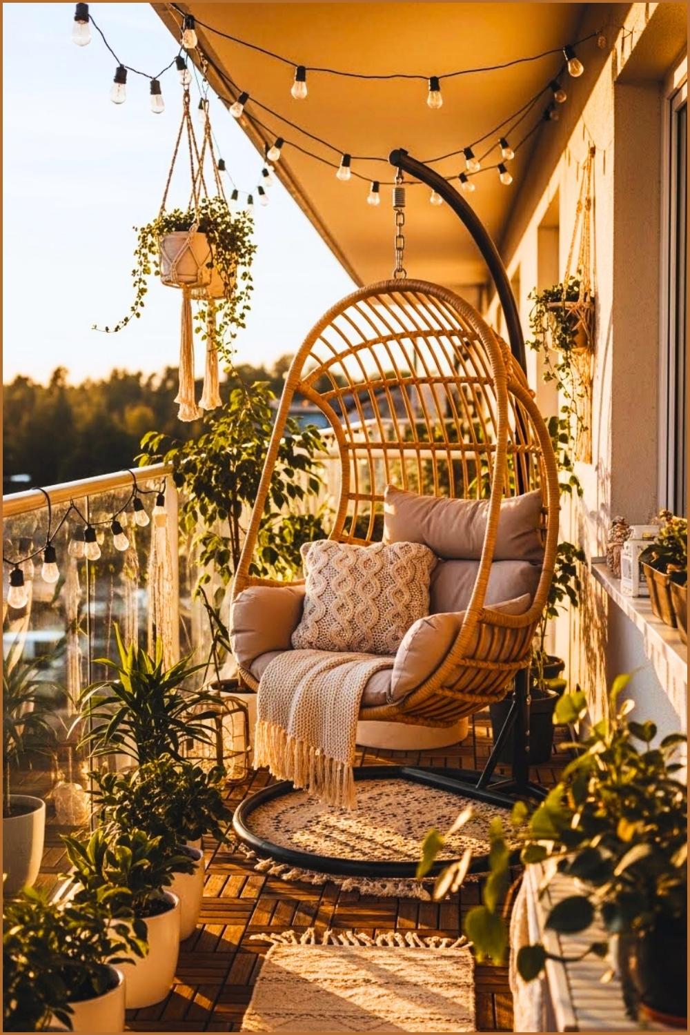 Boho Balcony With Hanging Rattan Swing Chair