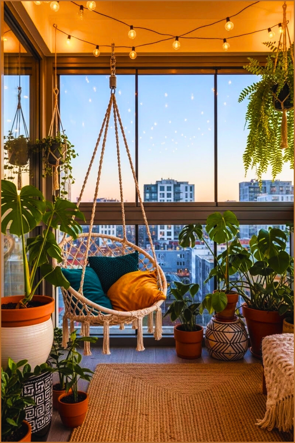 Boho Balcony With Macrame Swing Chair, Teal And Mustard