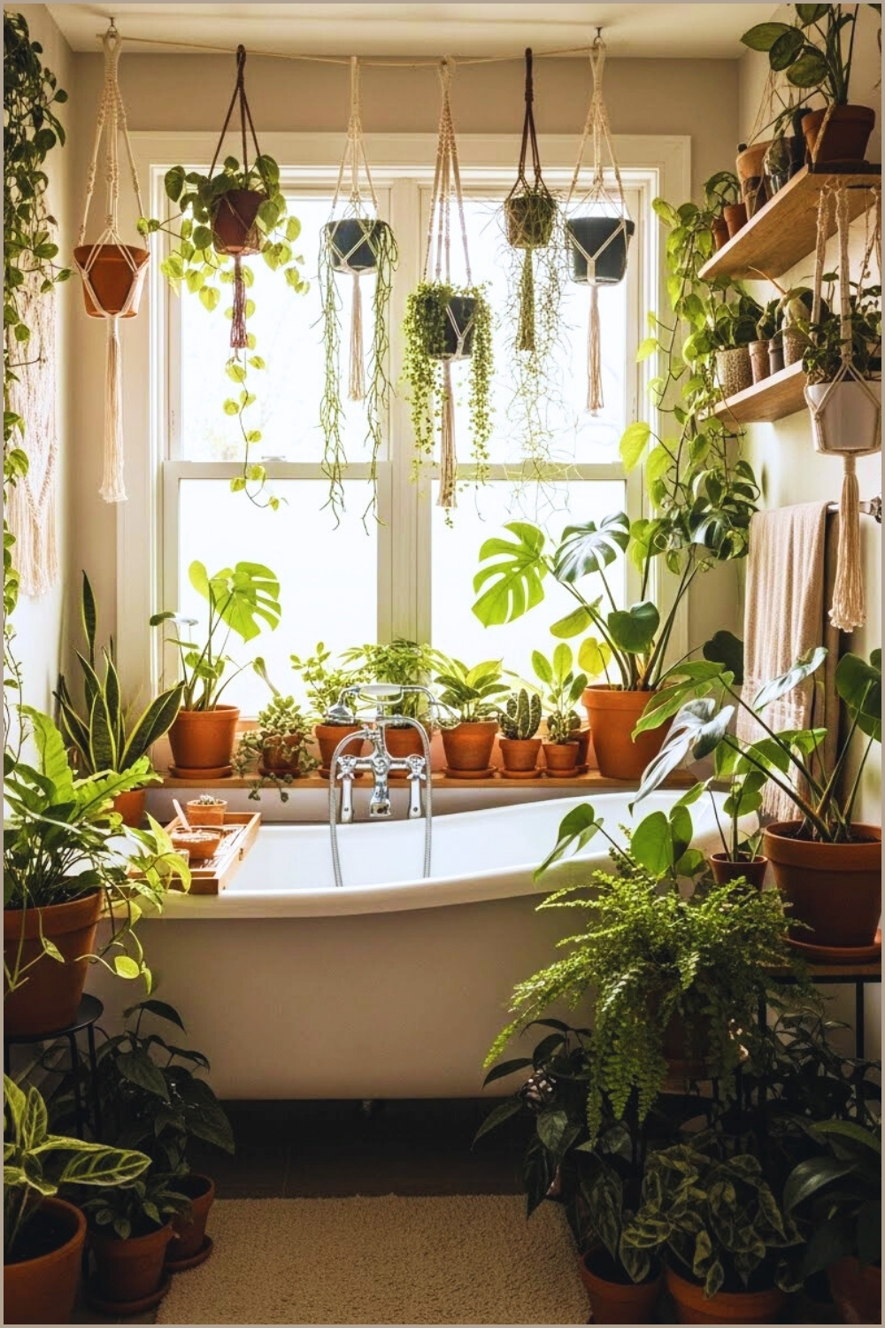 Boho Bathroom Filled With Lush Indoor Plants, Hanging Greenery
