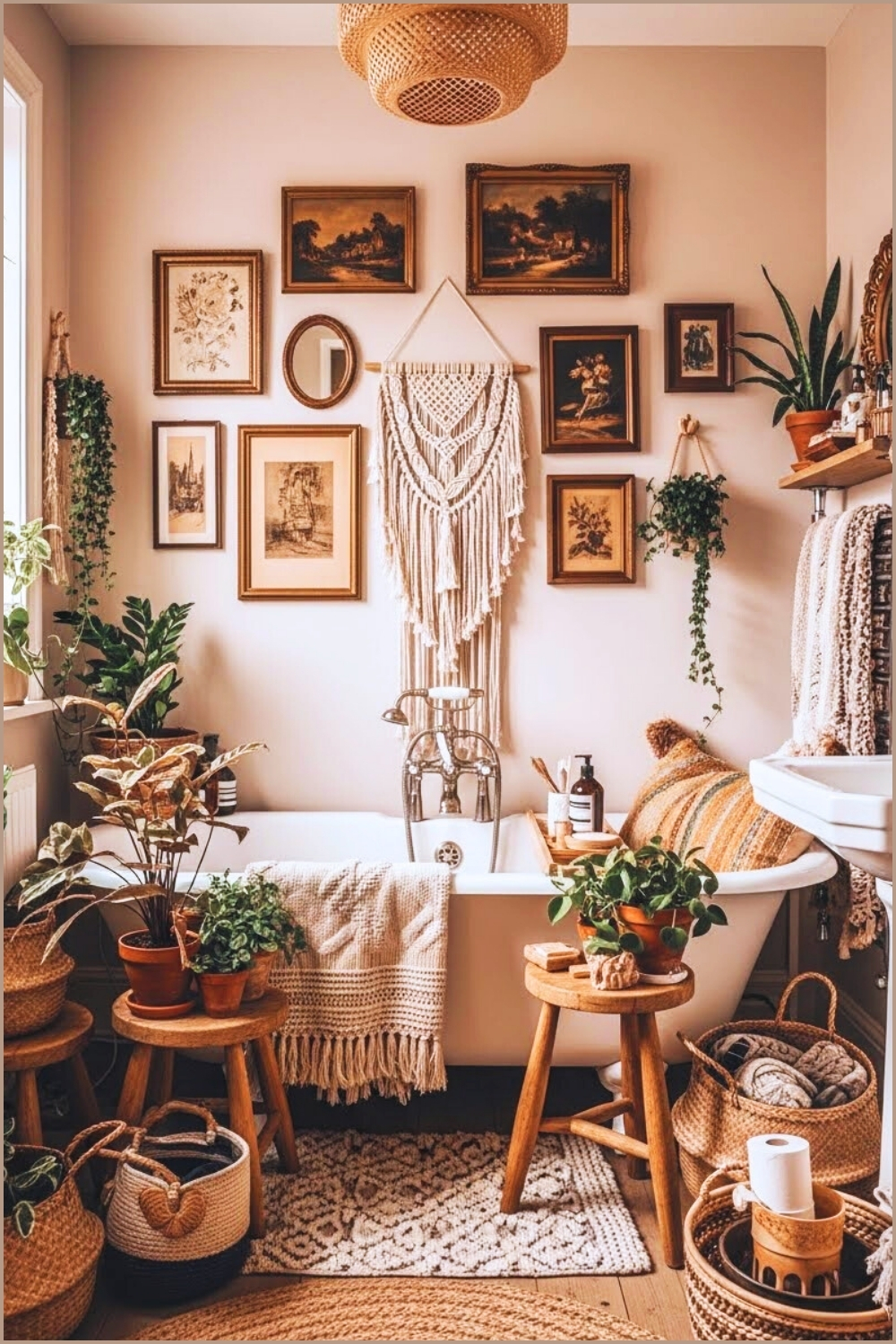 Boho Bathroom With Artistic Wall Decor Above Bathtub