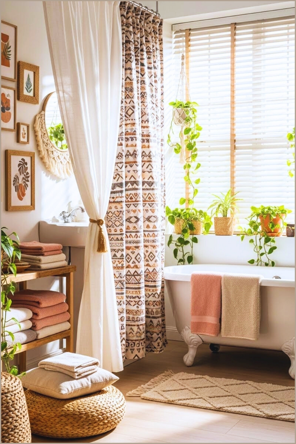 Boho Bathroom With Layered Textiles, Patterned Shower Curtain