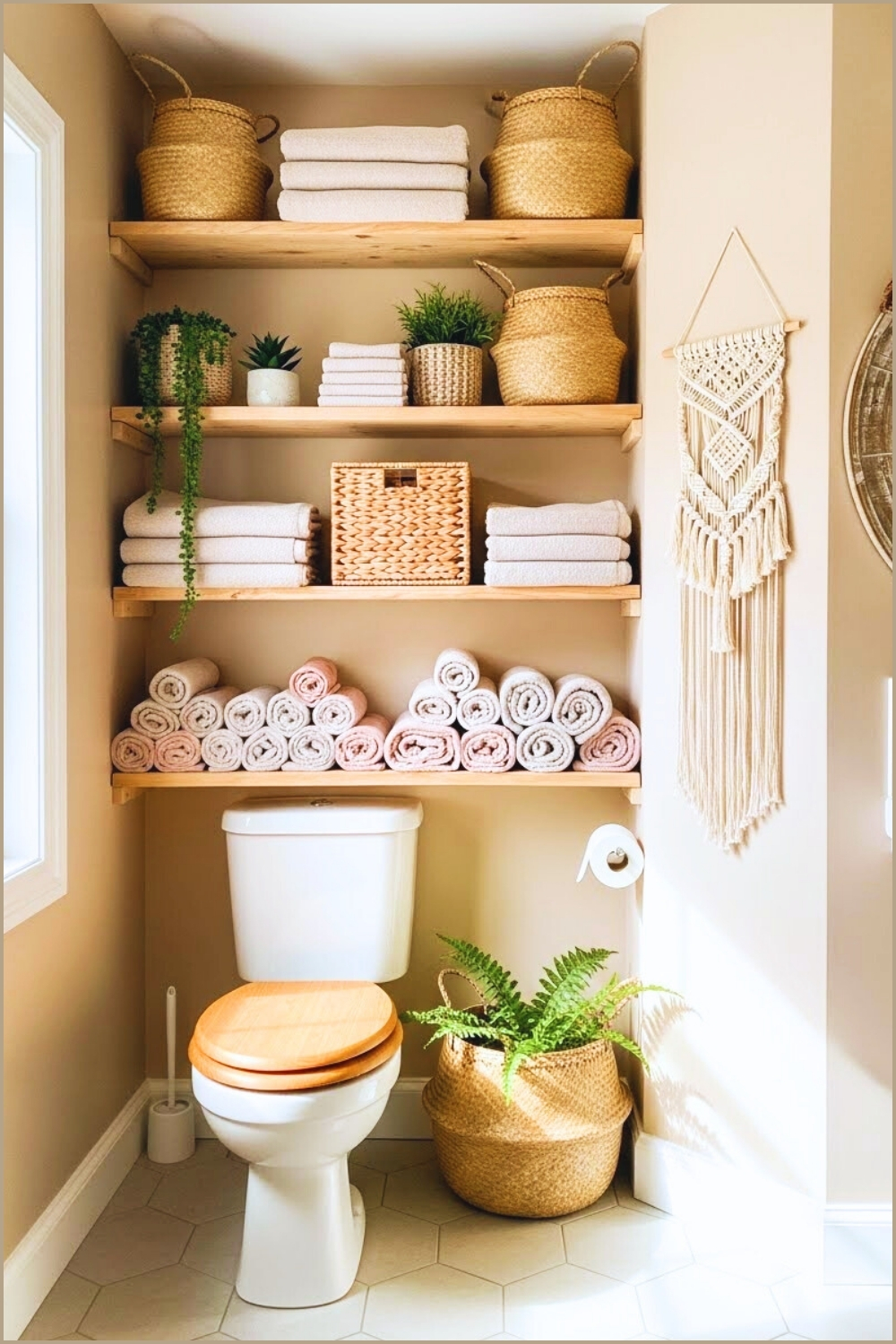 Boho Bathroom With Open Wooden Shelving Above