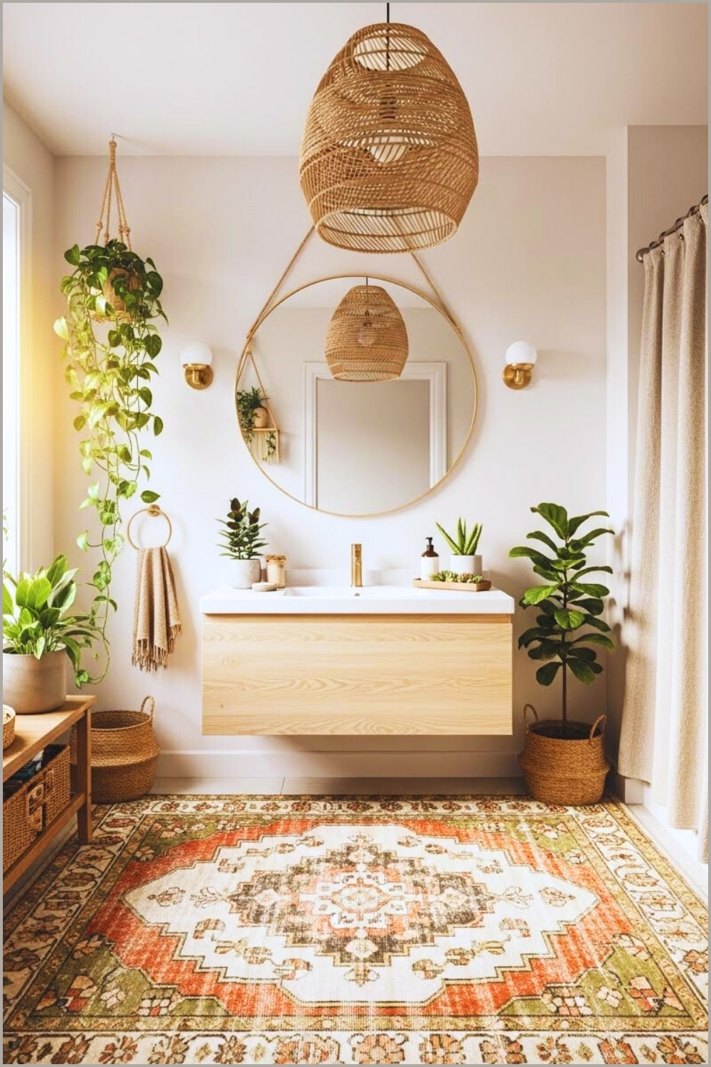 Boho Bathroom With Patterned Vintage Rug, Round Mirror