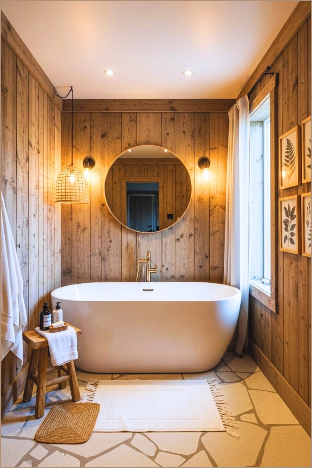 Boho Bathroom With Textured Wood Plank Walls