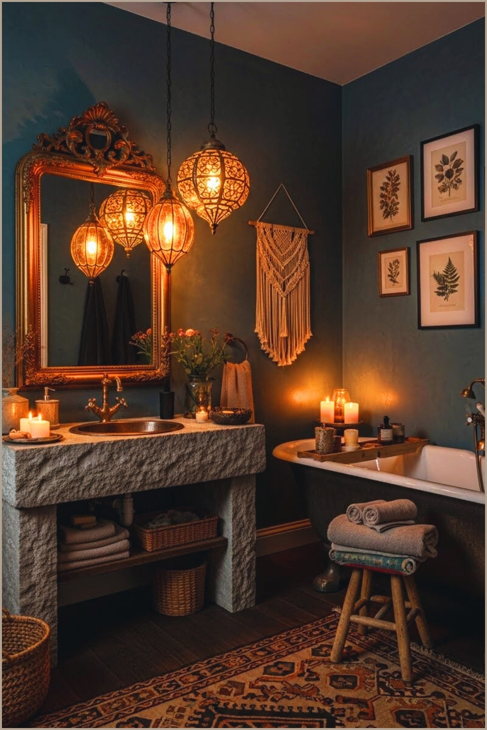 Boho Bathroom With Unique Vintage Pendant Lights