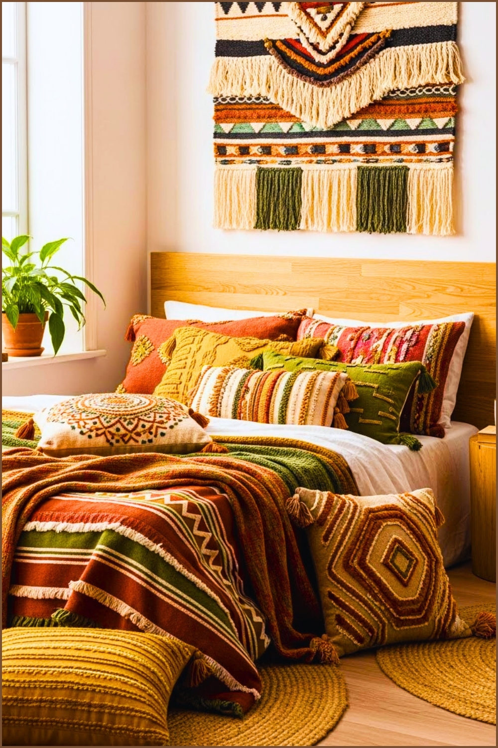 Boho Bedroom Interior Colorful Textured Pillows And Blankets