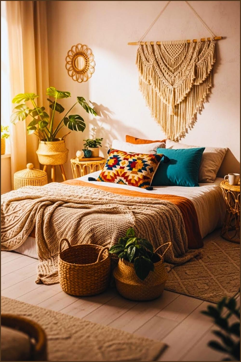 Boho Bedroom Interior Earthy Neutral Tones Teal Accent Pillow