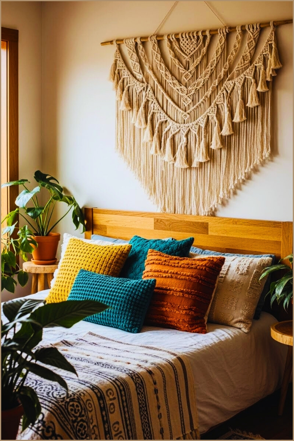 Boho Bedroom With Large Macrame Wall Art Colorful Textured Pillows