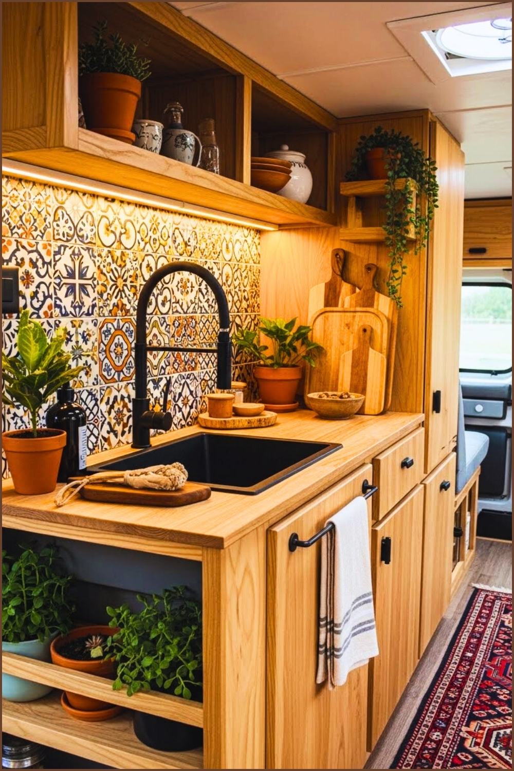 Boho Camper Van Kitchen Interior, Natural Wood Cabinetry