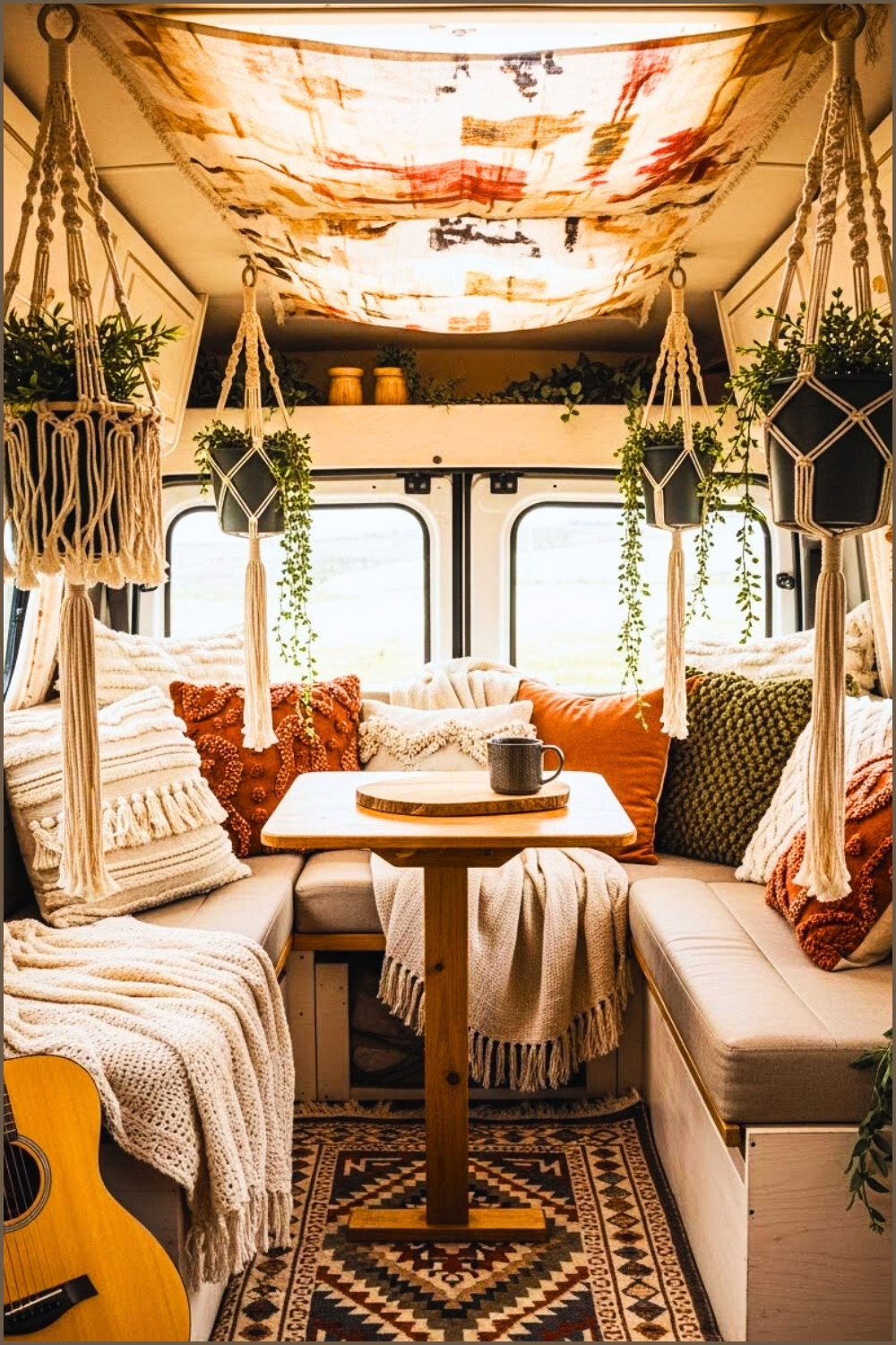 Boho Camper Van Setup, Macrame Hanging Baskets With Fringe
