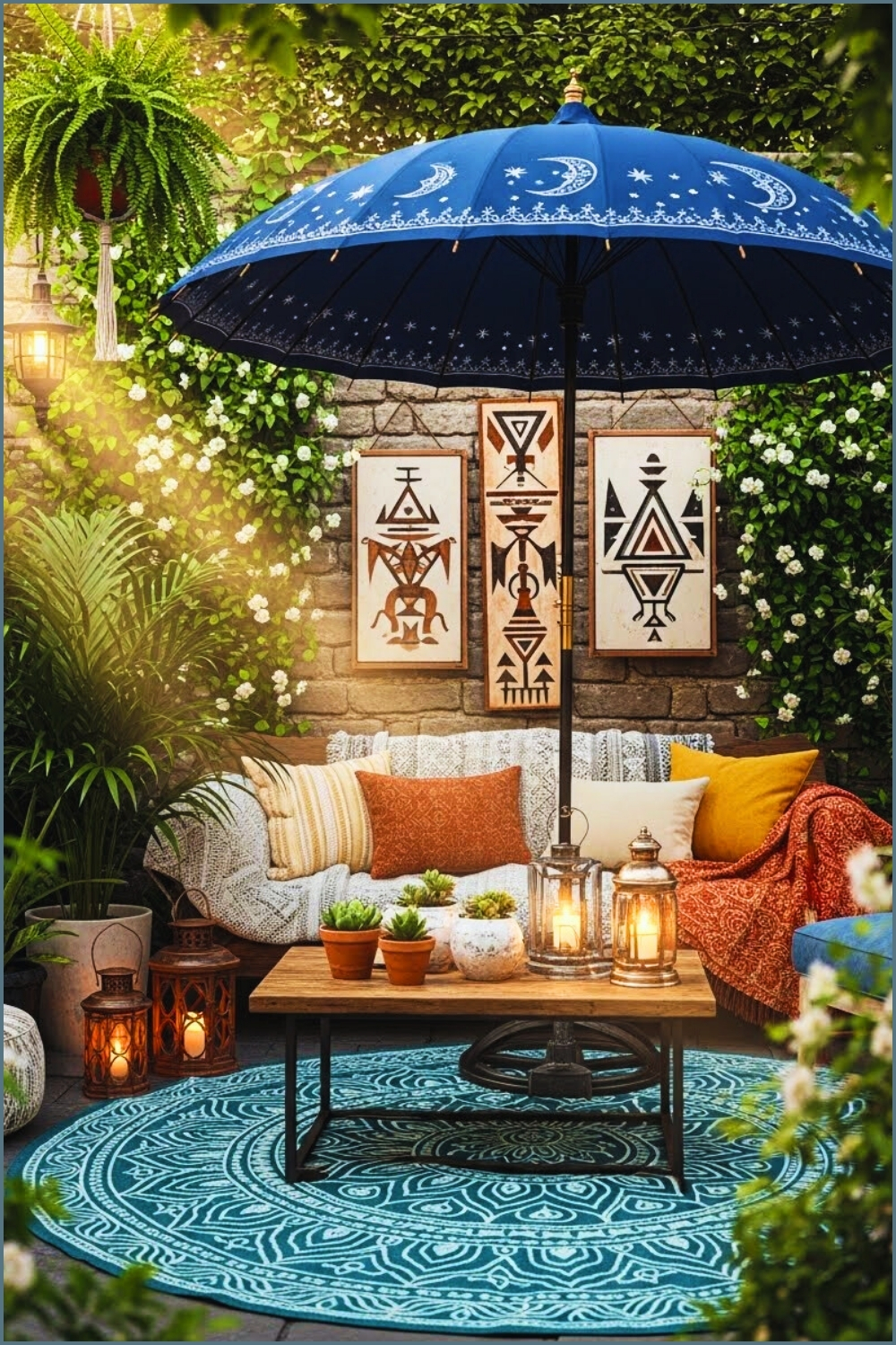 Boho Celestial Garden Lounge With Deep Blue Star Pattern Umbrella
