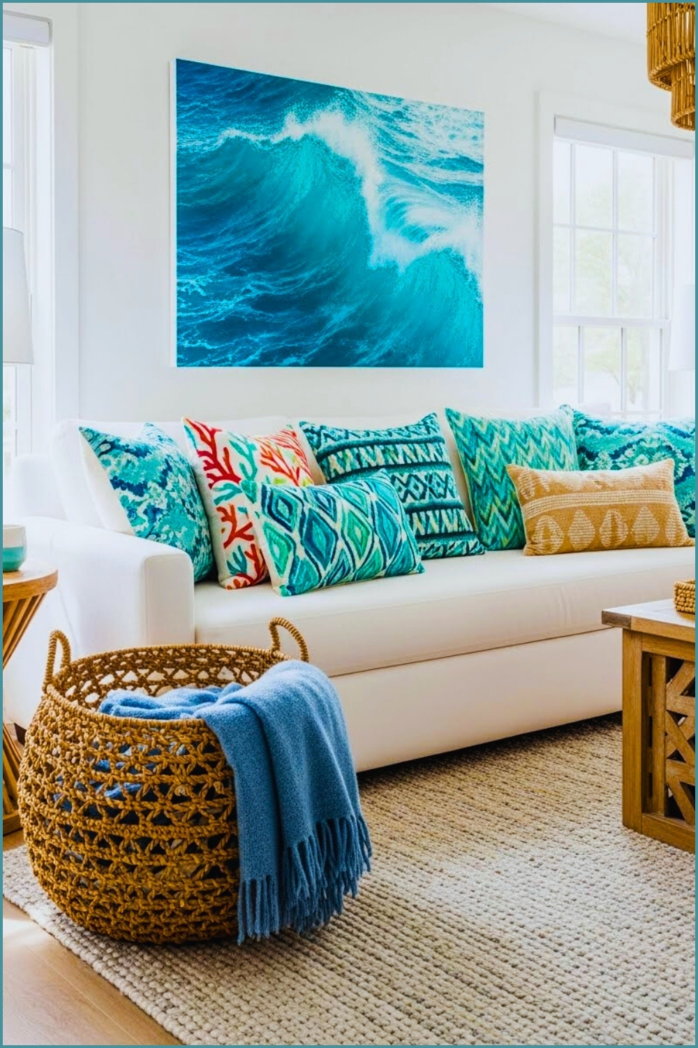 Boho Coastal Living Room Interior Woven Basket With Blue