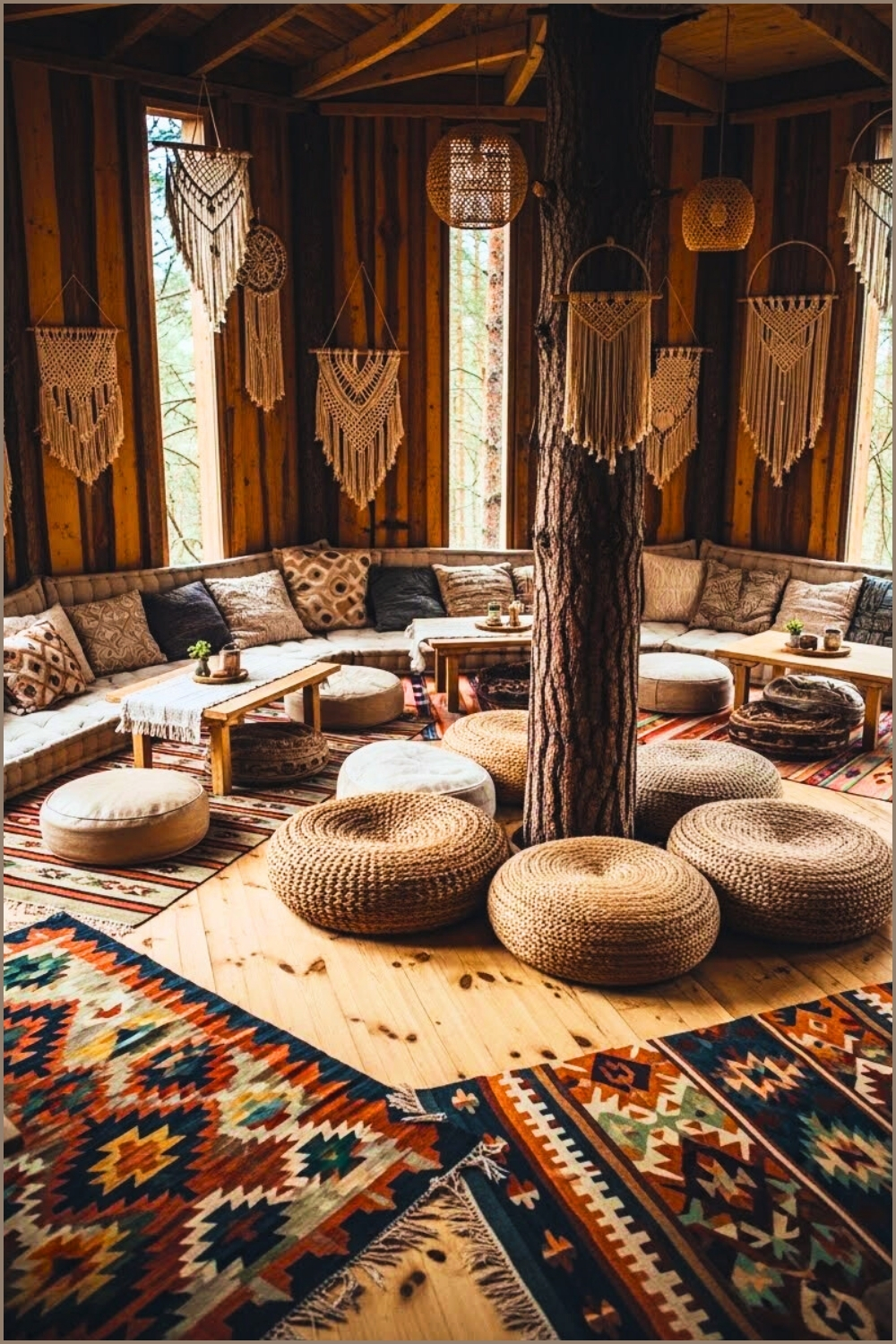 Boho Communal Seating Room In Treehouse Floor Cushions And Kilim