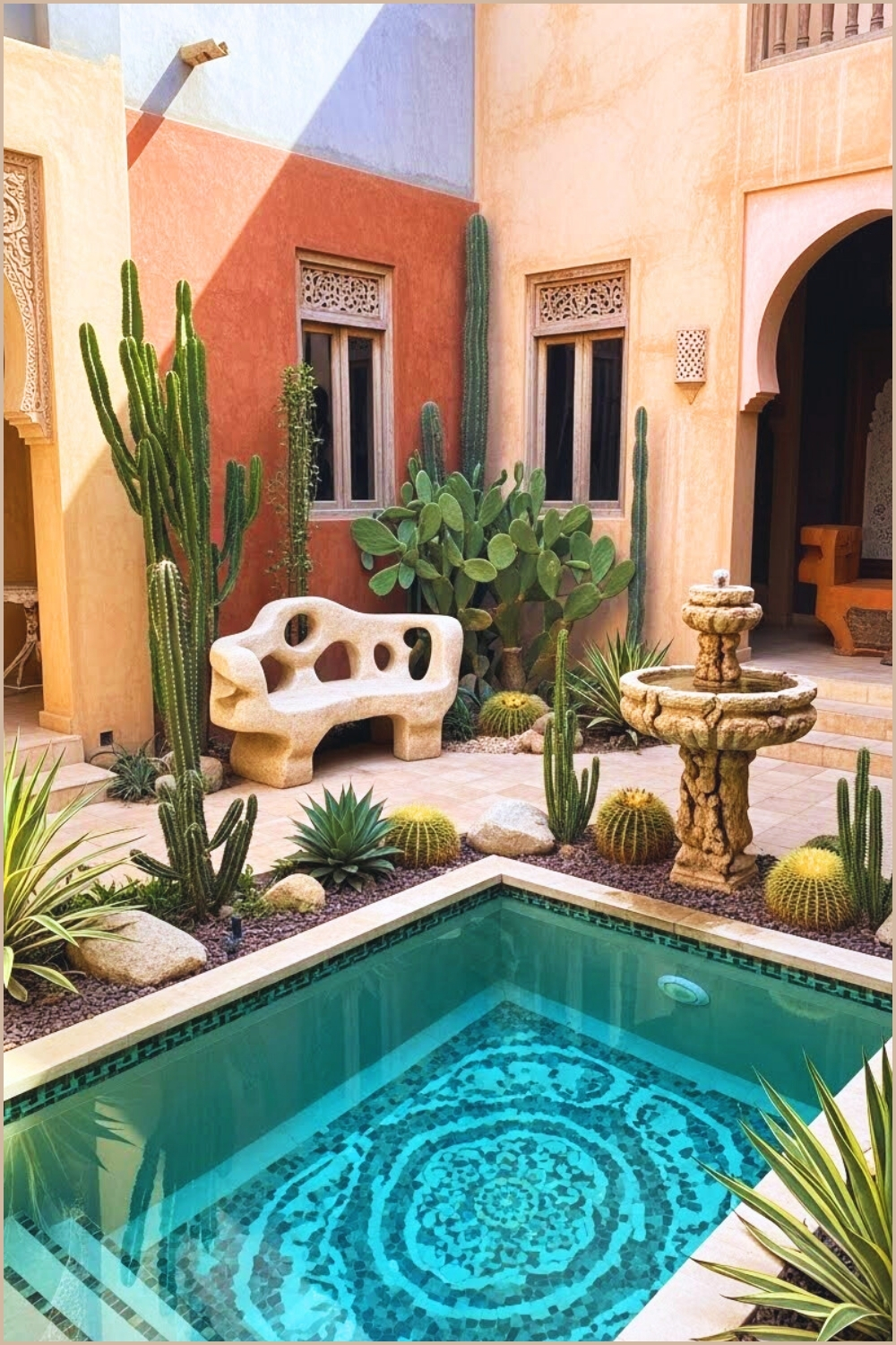 Boho Courtyard Oasis With Small Turquoise Pool