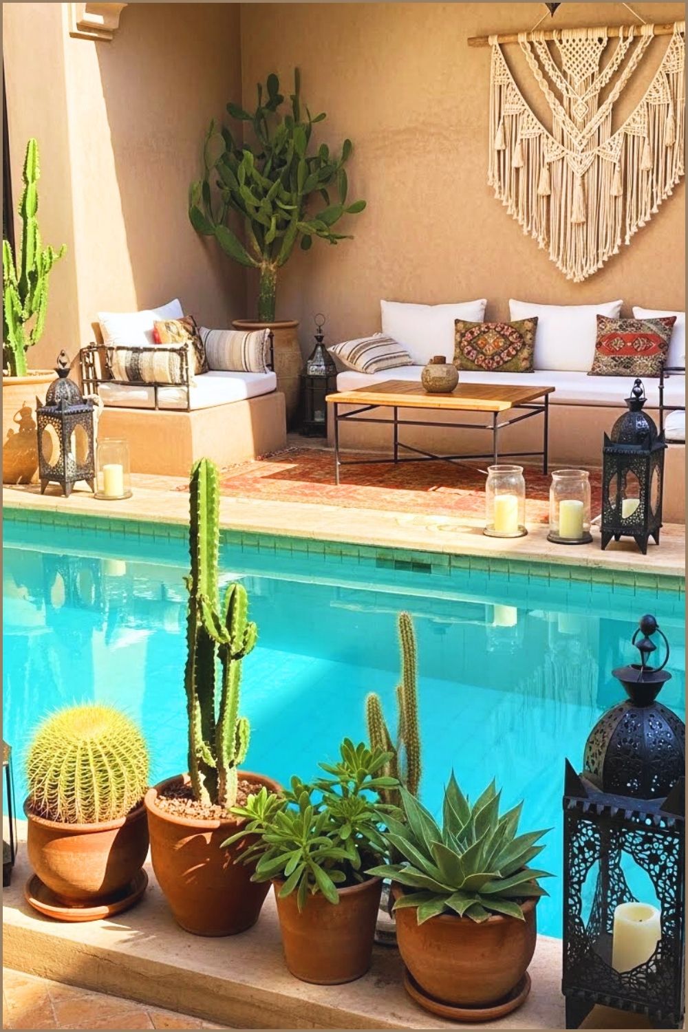Boho Courtyard Poolside Dining Setup Turquoise Water