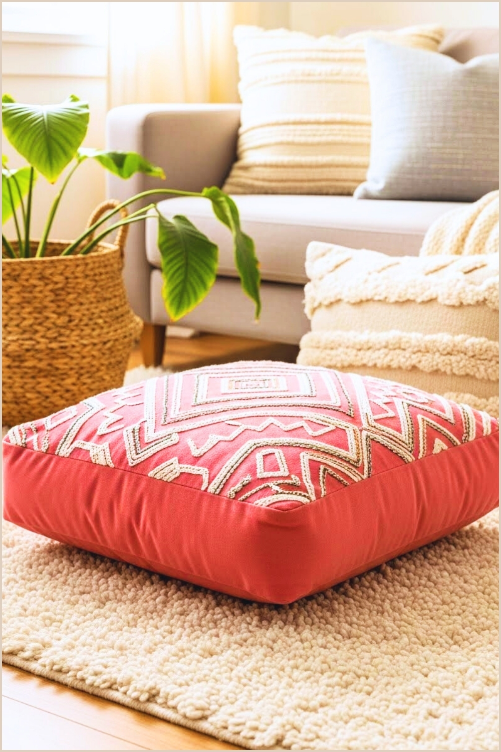 Boho Cozy Interior With Plush Pink Floor Cushion Featuring