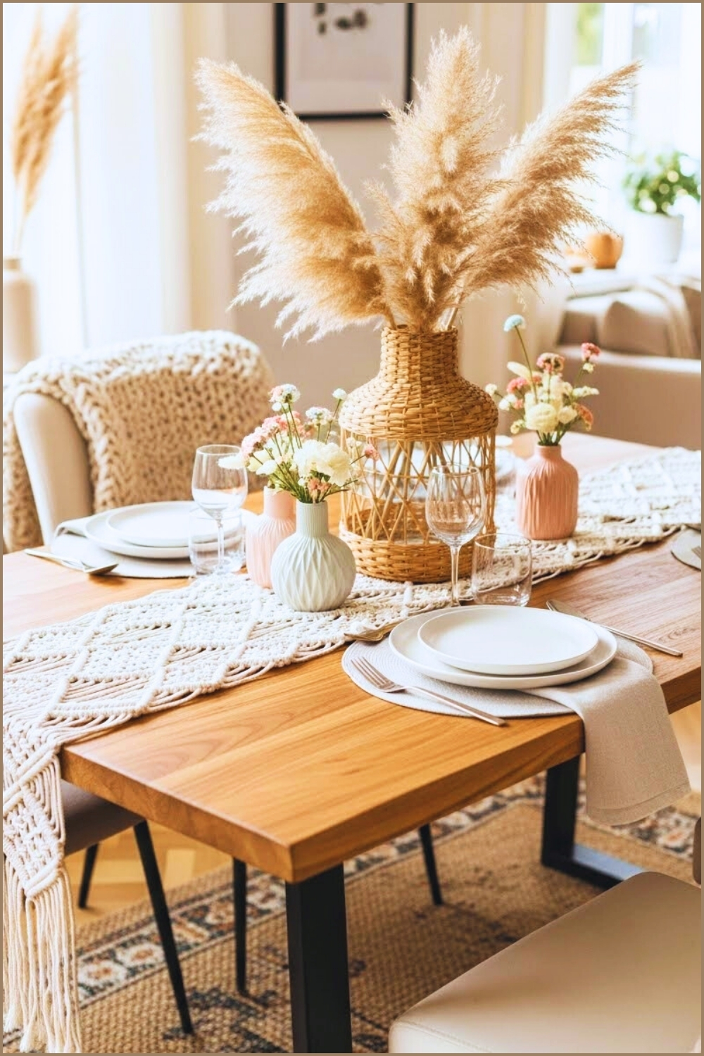 Boho Dining Table Setting With Natural Wood Table