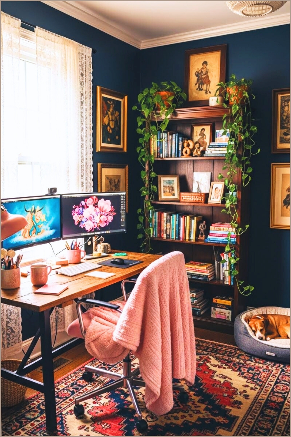 Boho Eclectic Home Office, Dark Navy Walls Lace Curtains