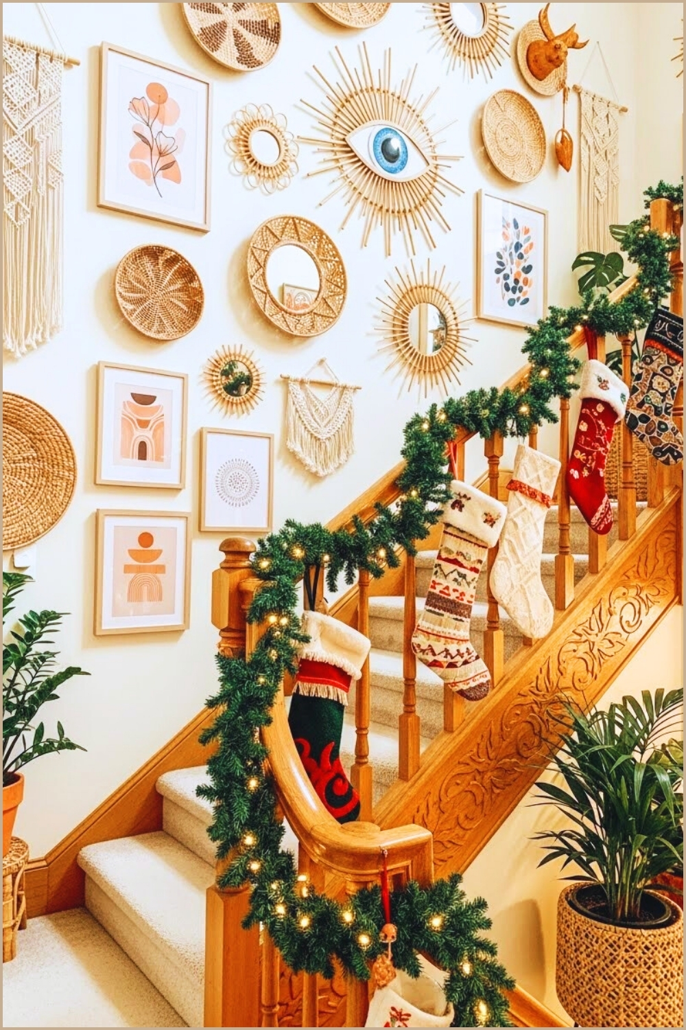 Boho Eclectic Staircase Interior Golden Wood Railing