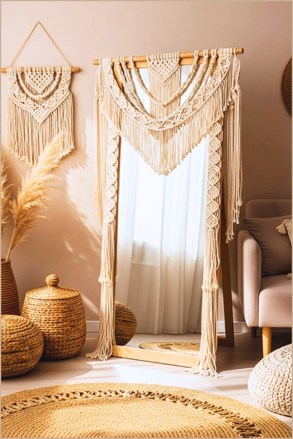 Boho Floor Mirror Styled With A Natural Light Wood Frame