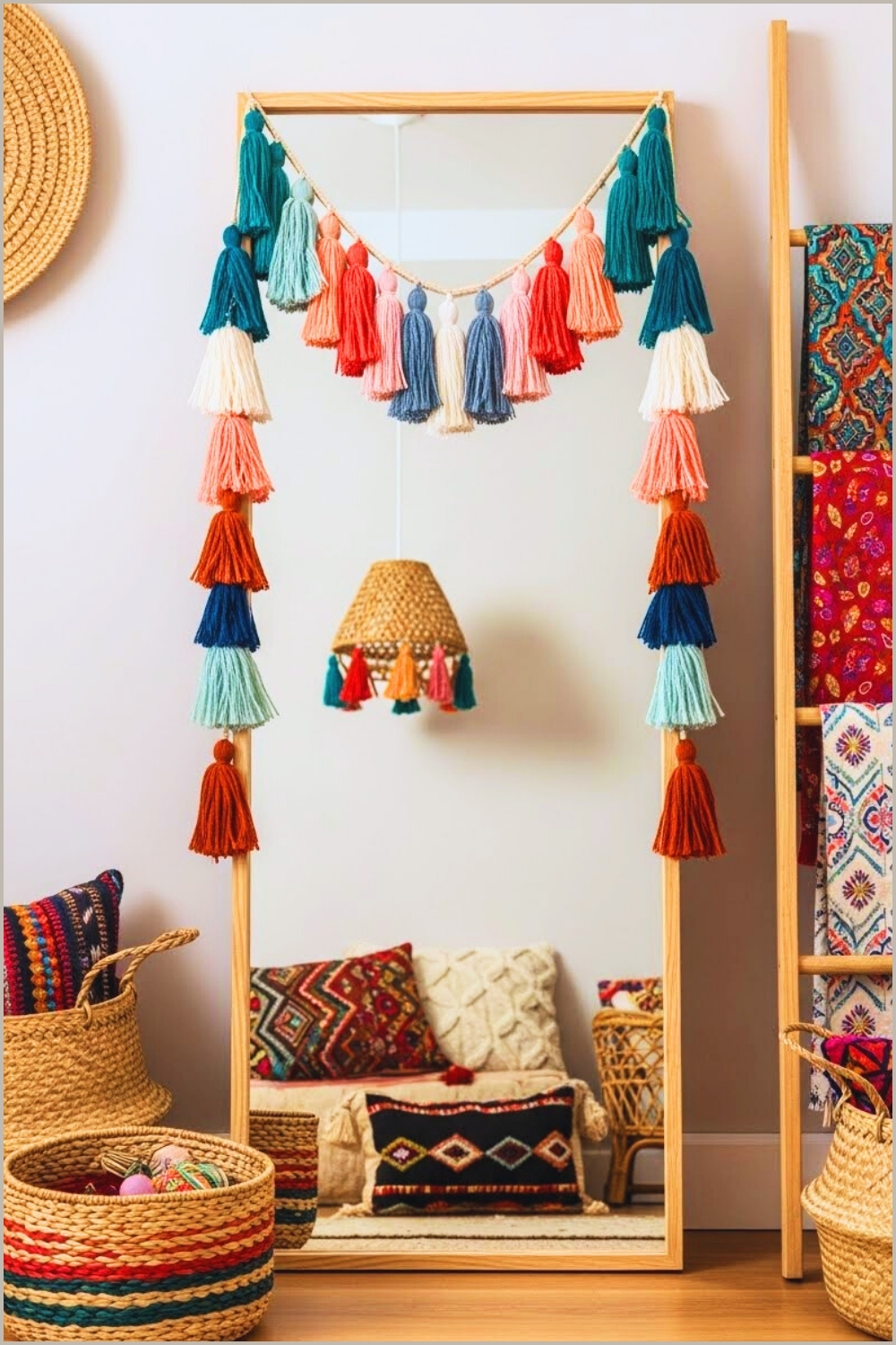 Boho Floor Mirror With A Simple Natural Wood Frame
