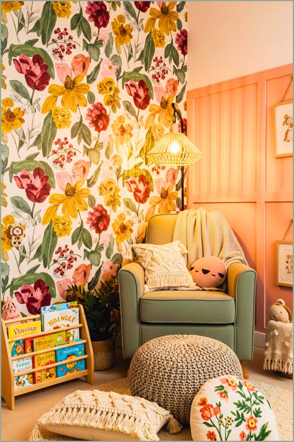 Boho Floral Nursery Corner, Bold Botanical Wallpaper Feature Wall
