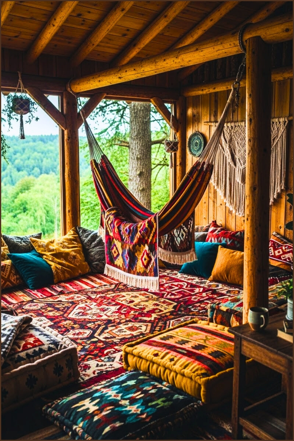 Boho Forest Lounge With Colorful Hammock, Thick Textile Cushions