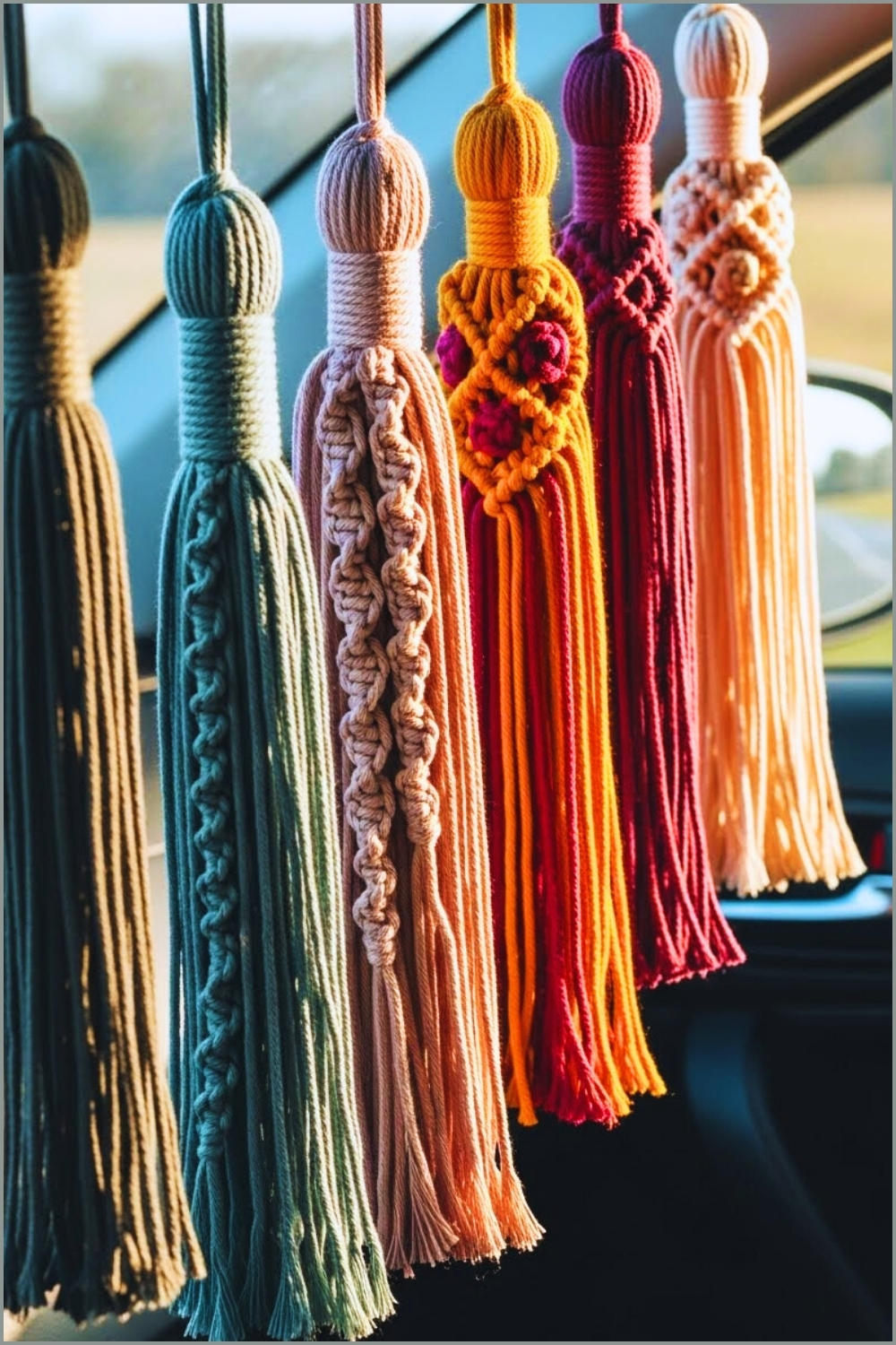 Boho Handcrafted Macrame Tassels Hanging Inside A Car