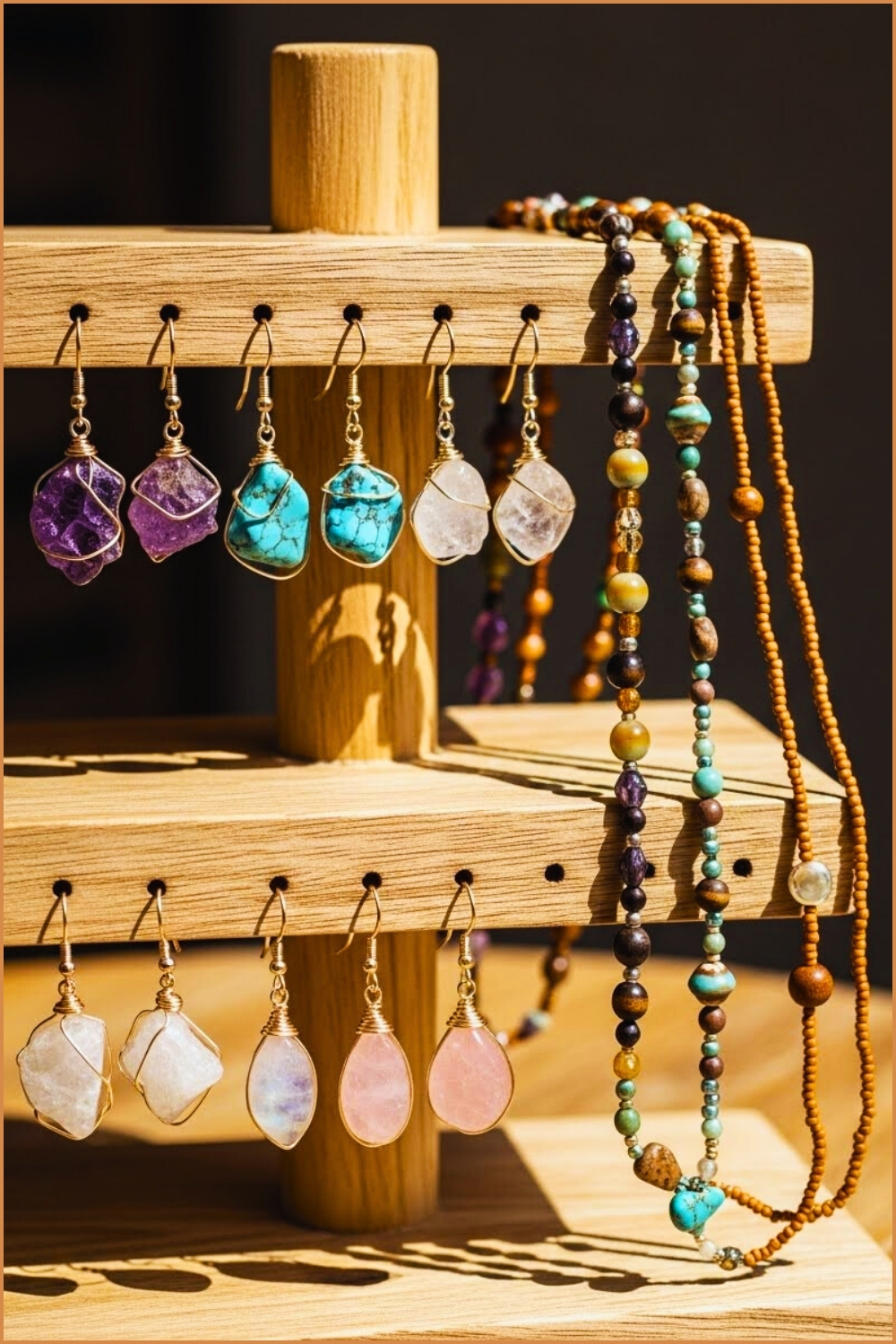 Boho Jewelry Display On Wooden Tiered Stand Hanging Gemstone