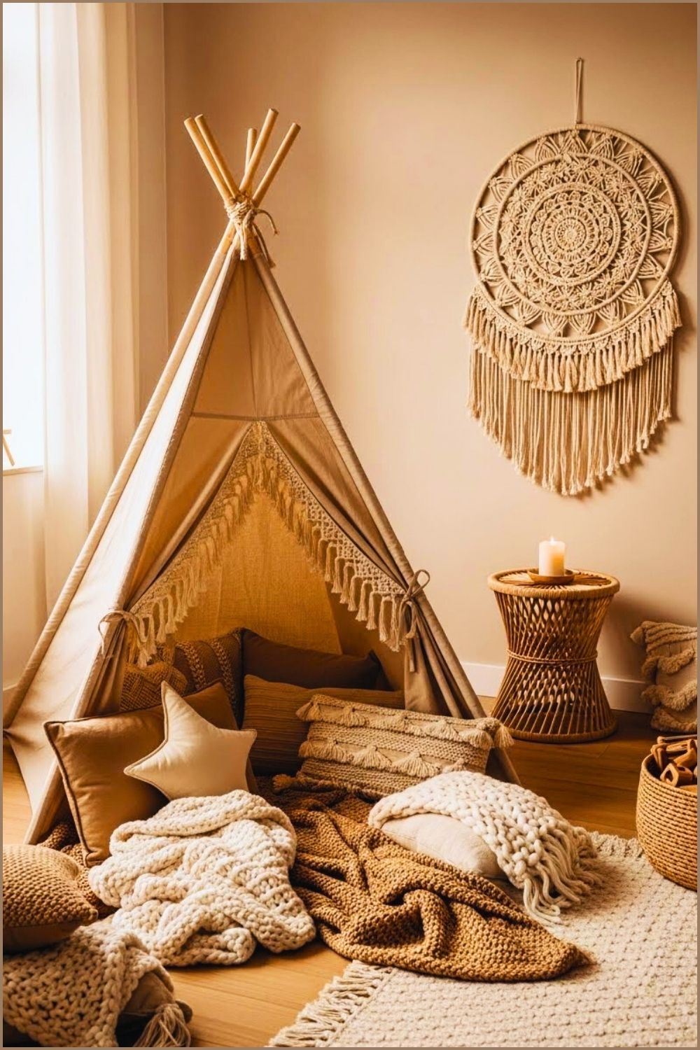 Boho Kids Play Area With Fabric Teepee Tent Pillows And Blankets