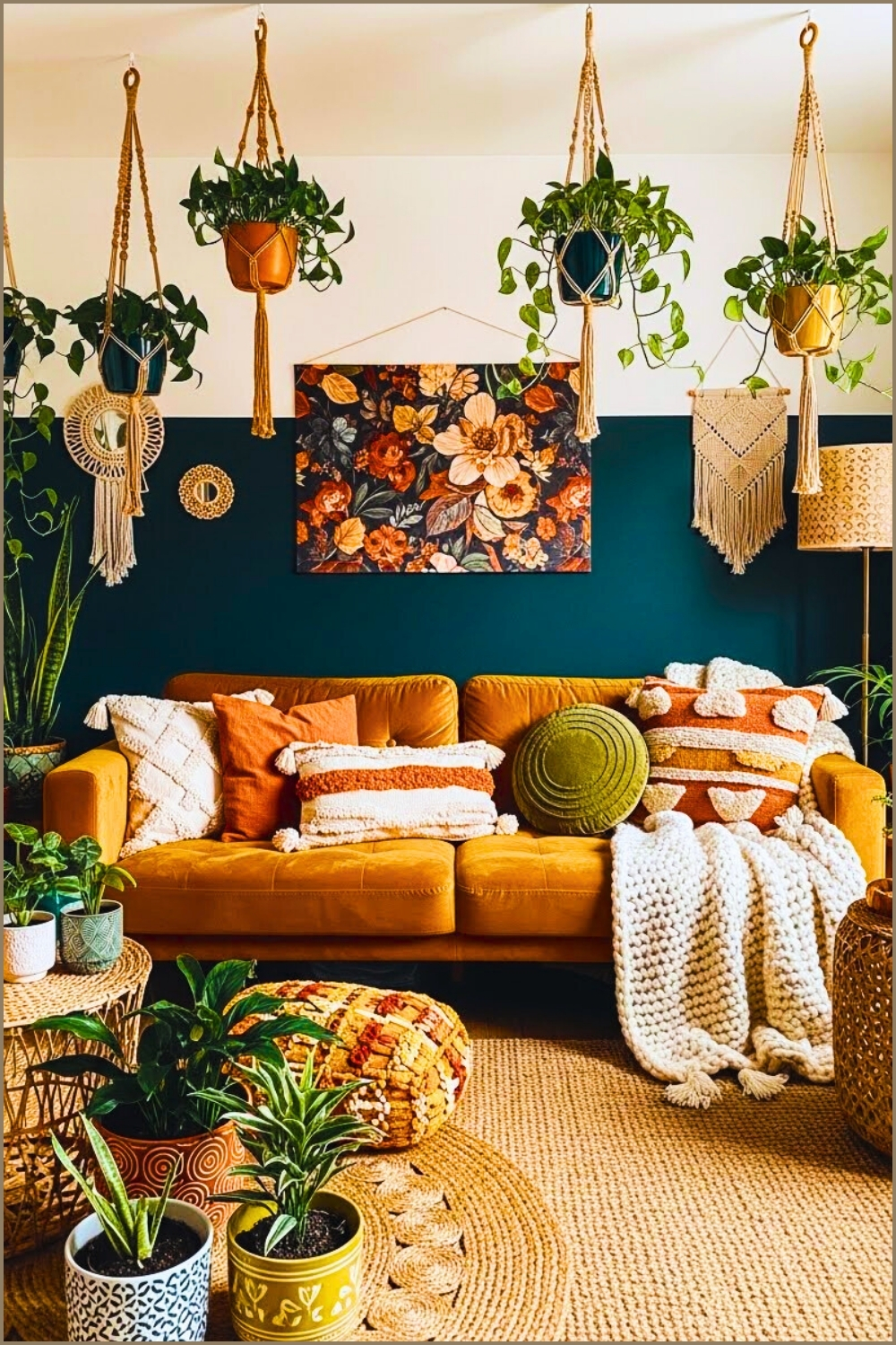 Boho Living Room Decor Mustard Velvet Sofa Macrame Plant Hangers