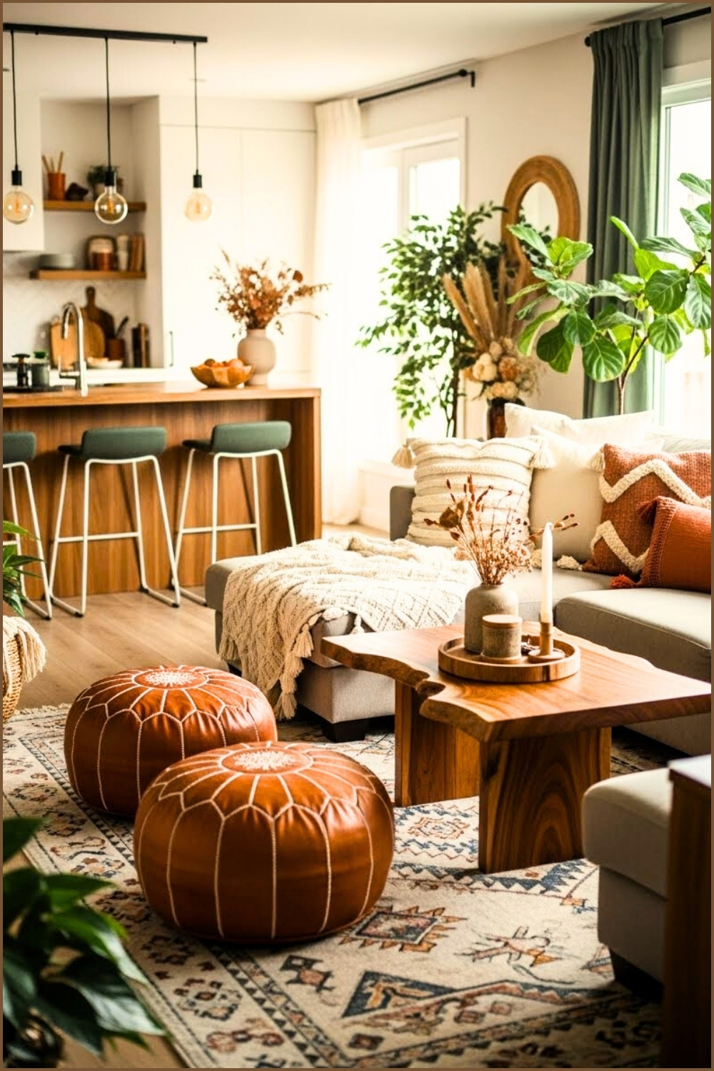 Boho Living Room Interior With Neutral Sectional Sofa