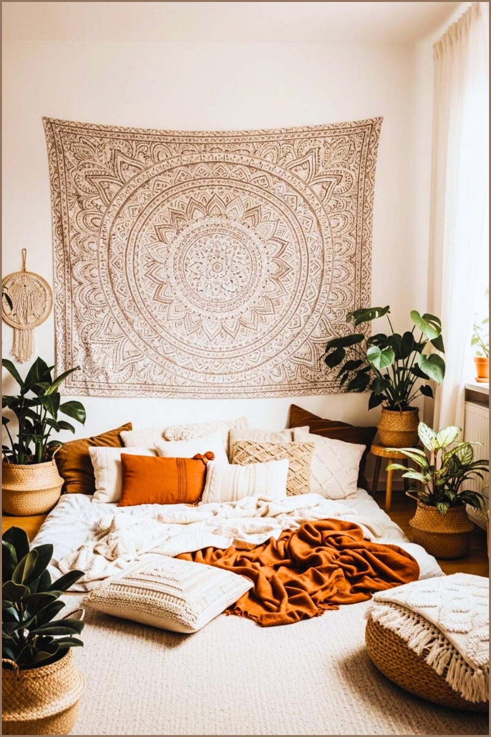 Boho Living Space With Large Neutral Mandala Tapestry