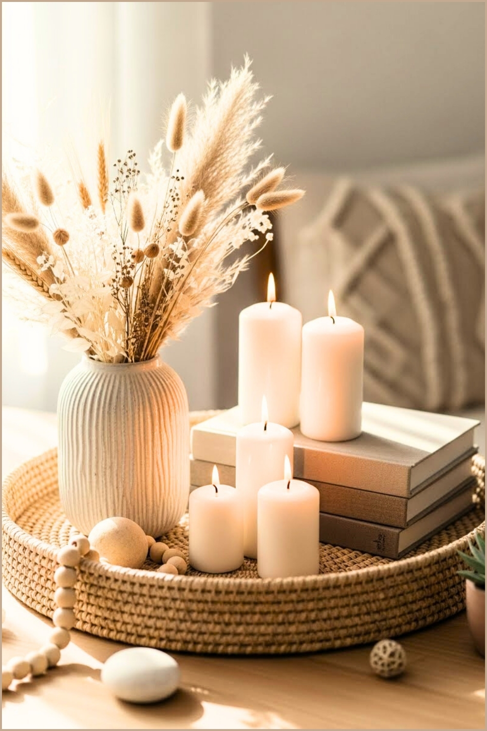 Boho Neutral Home Decor Close Up Woven Tray Dried Pampas