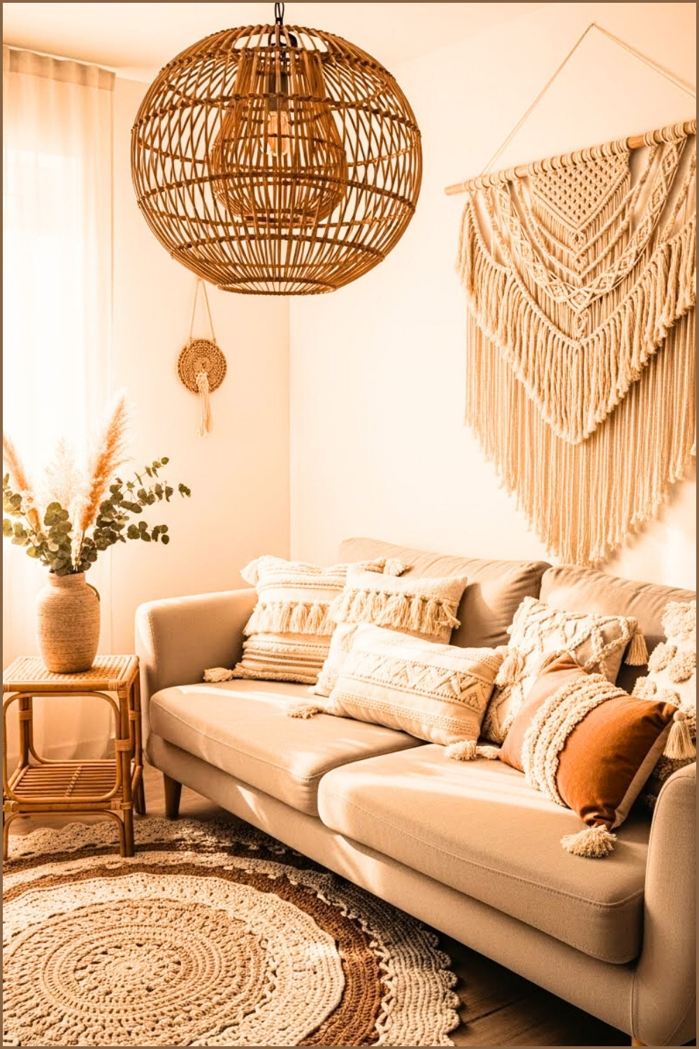 Boho Neutral Living Room Corner, Woven Rattan Chandelier