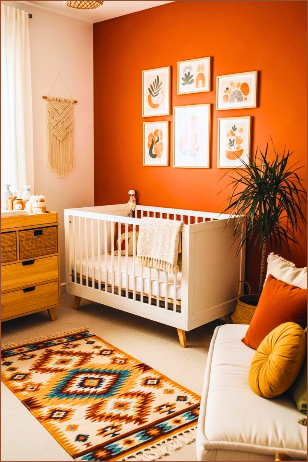 Boho Nursery Interior Terracotta Accent Wall White Crib