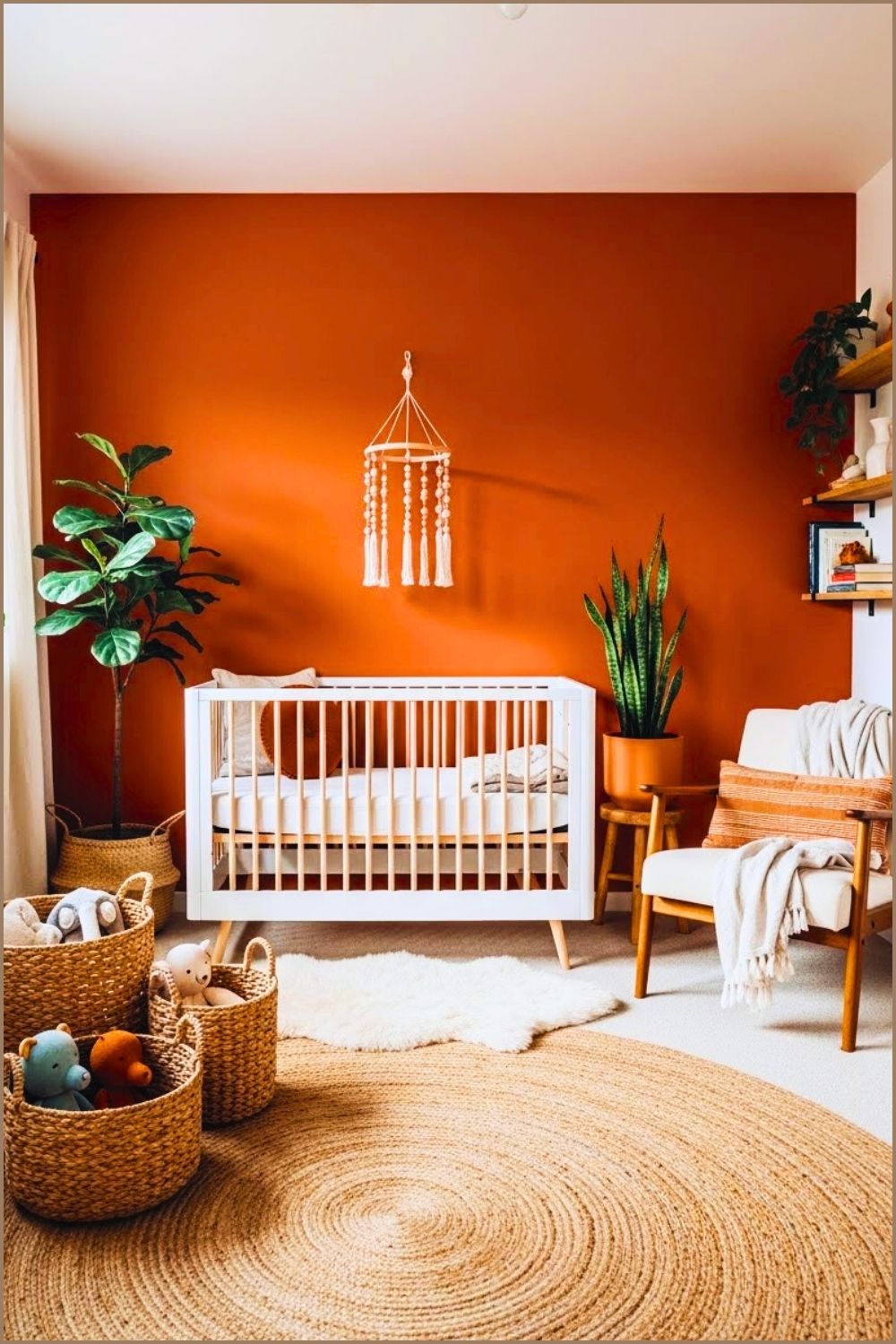 Boho Nursery Interior With Terracotta Painted Wall White Crib