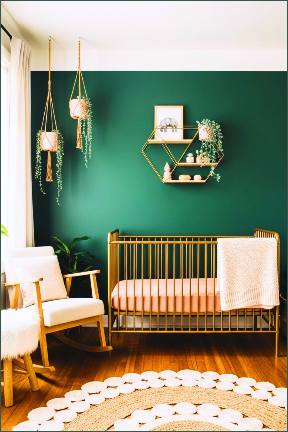 Boho Nursery With Deep Green Accent Wall, Gold Metal Crib
