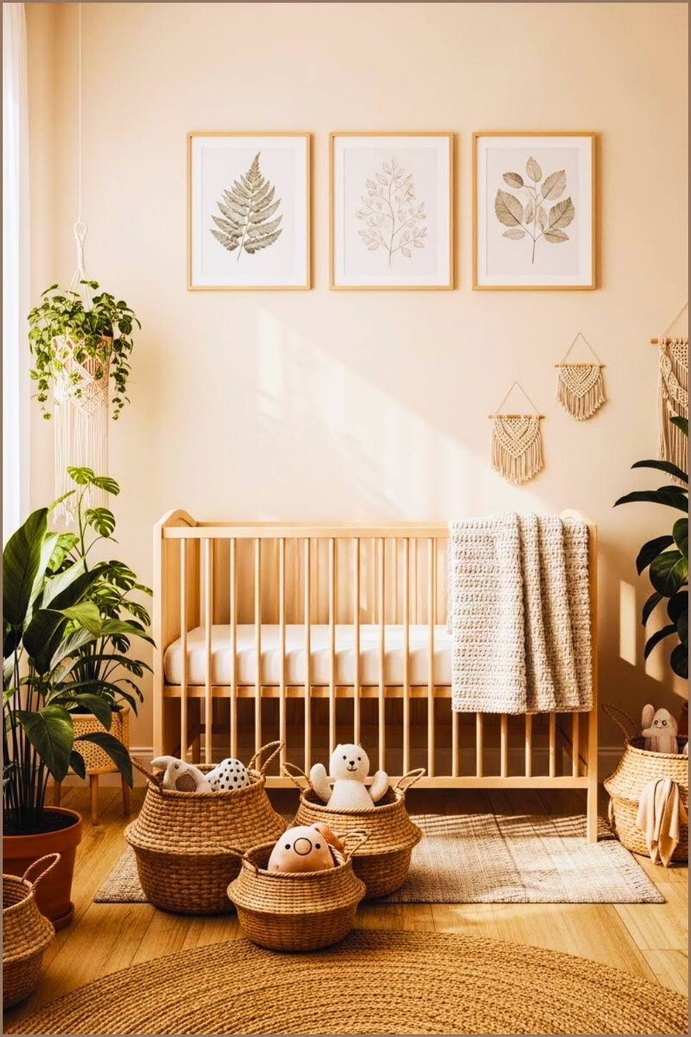 Boho Nursery With Framed Botanical Prints On Wall, Neutral Cream Interior