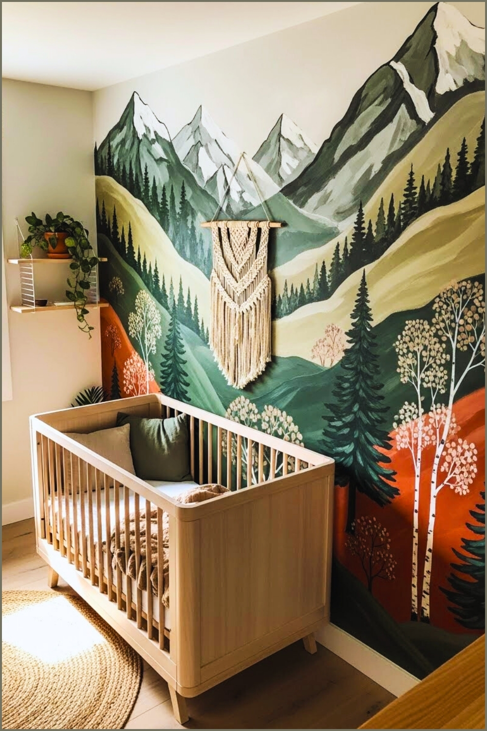 Boho Nursery With Hand-painted Mural Of Trees And Mountains