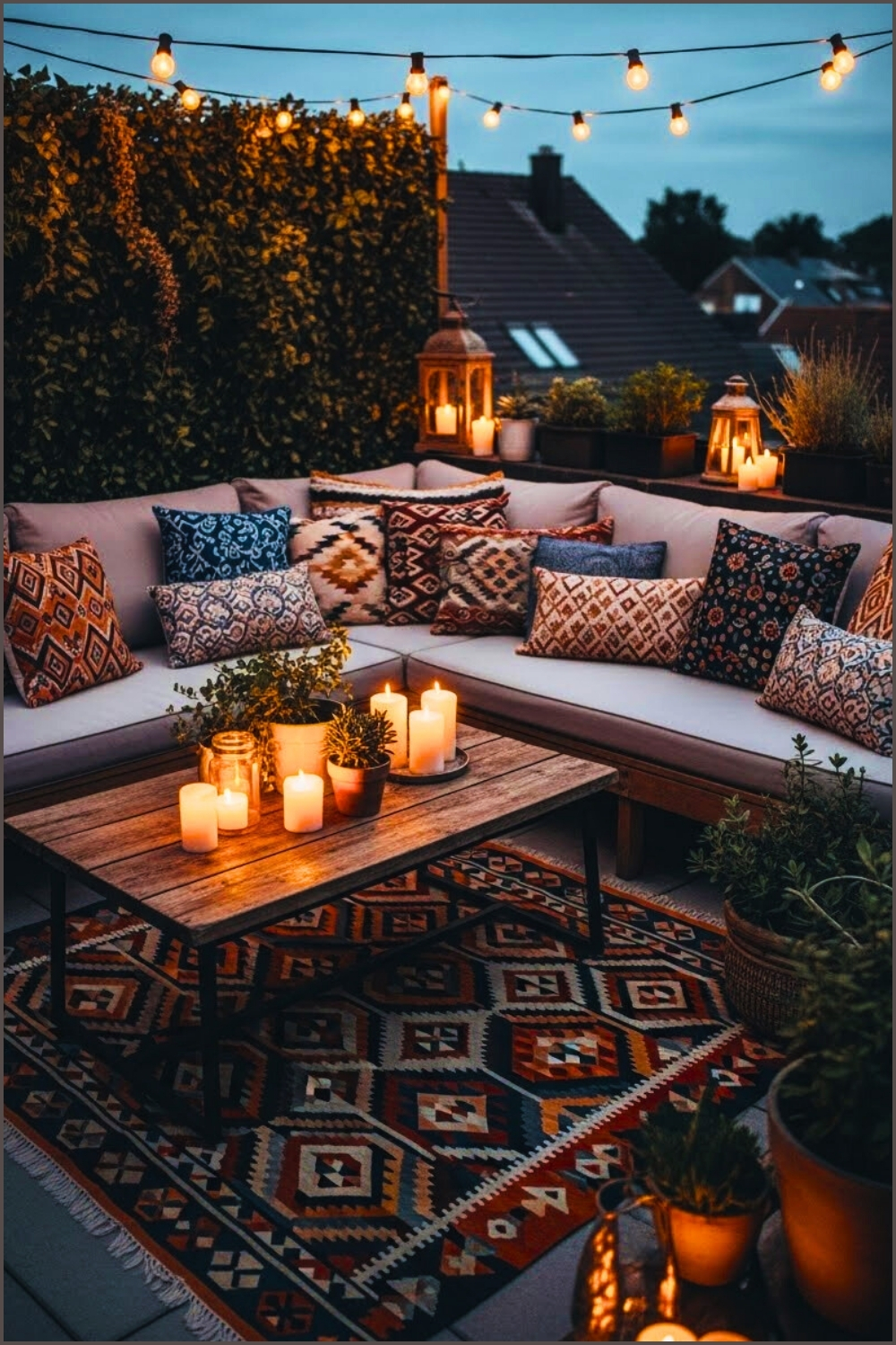 Boho Outdoor Terrace At Dusk, String Lights Glowing Overhead