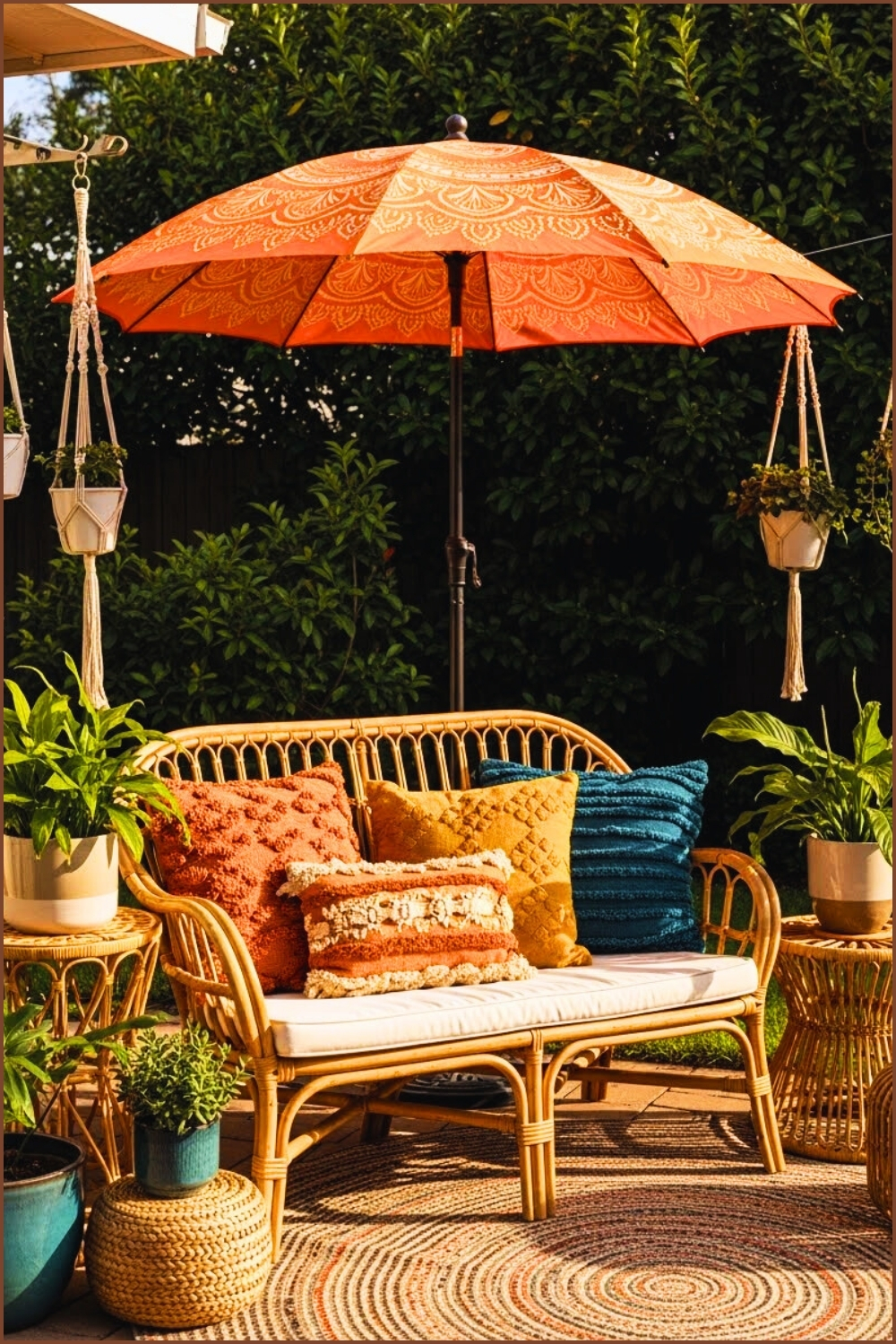 Boho Patio With Orange Mandala Umbrella Cozy Rattan Loveseat