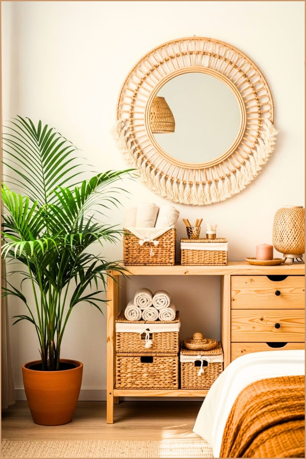 Boho Rattan Round Mirror With Fringe, Natural Wood Dresser