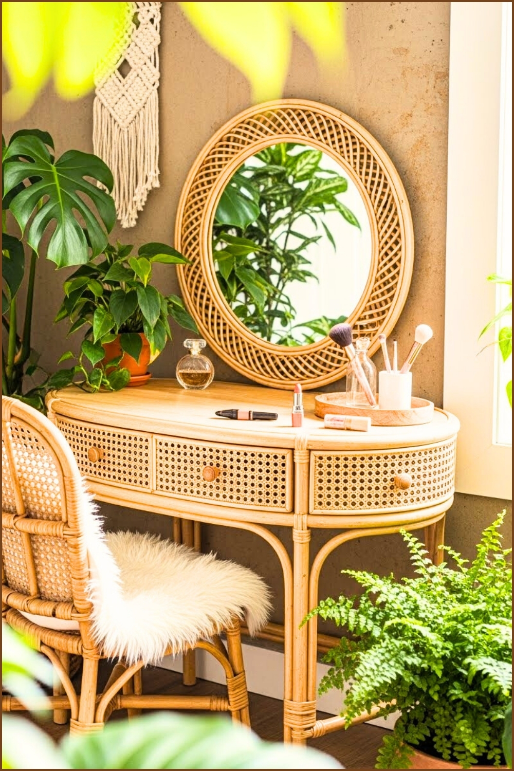 Boho Rattan Vanity Desk With Round Woven Mirror Wicker Chair