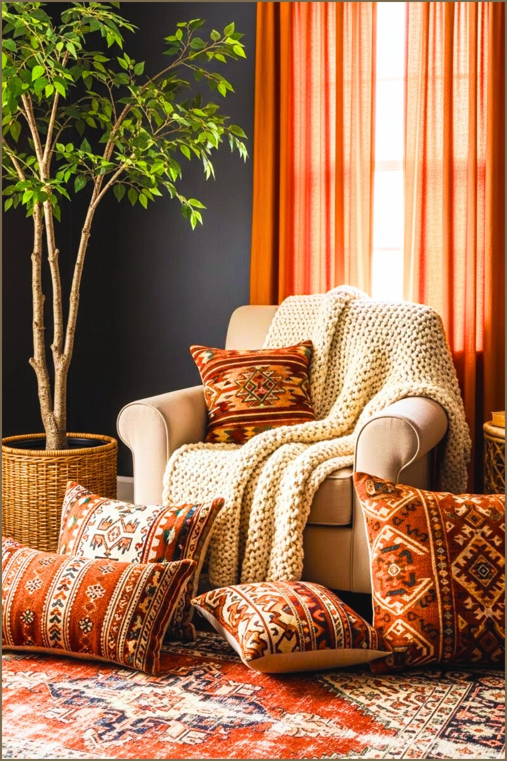 Boho Reading Corner With Beige Armchair Warm Knitted