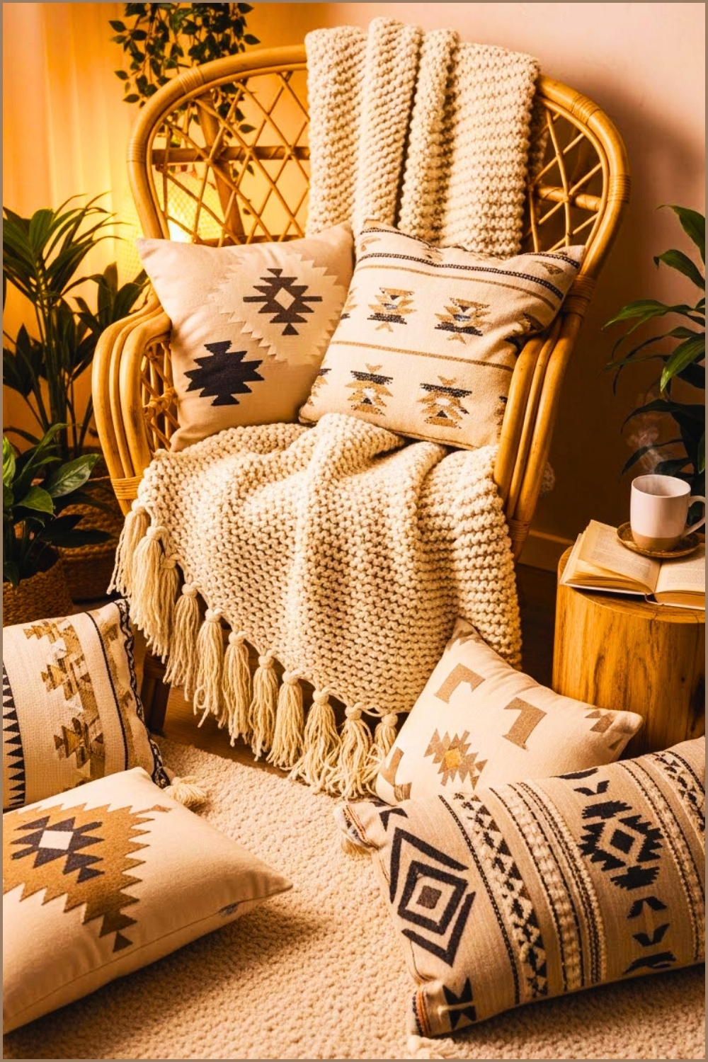 Boho Reading Nook With Rattan Chair, Chunky Knit Fringe Blanket