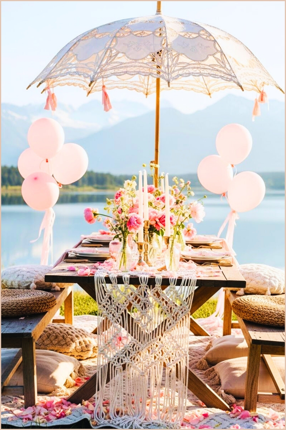Boho Romantic Picnic Table Under Large Lace Umbrella