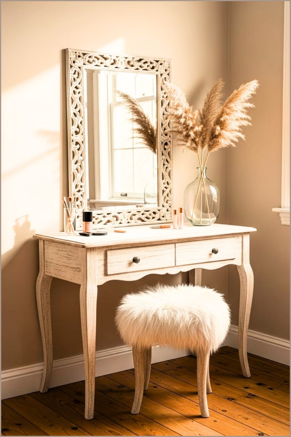 Boho Romantic Vanity Setup Cream Distressed Wood Dressing Tabl