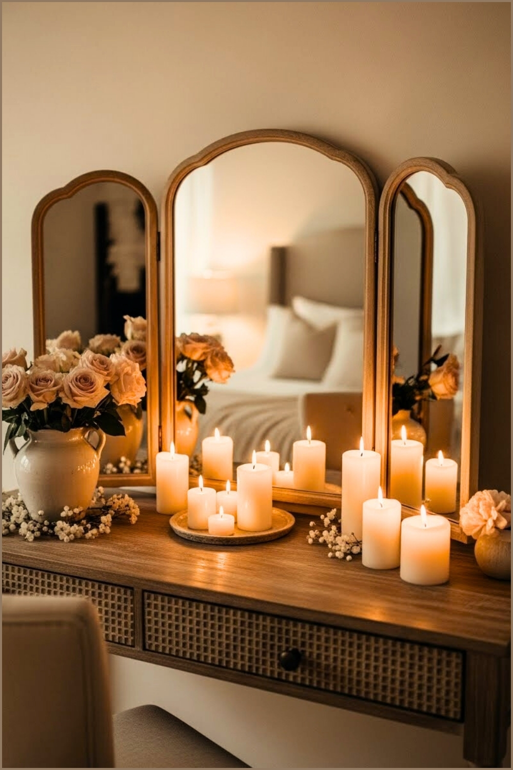 Boho Rustic Vanity Scene With Triple Ornate Arched Mirrors