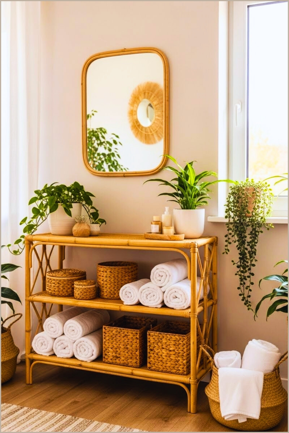 Boho Spa Inspired Room Rattan Storage Shelf Filled With Rolled